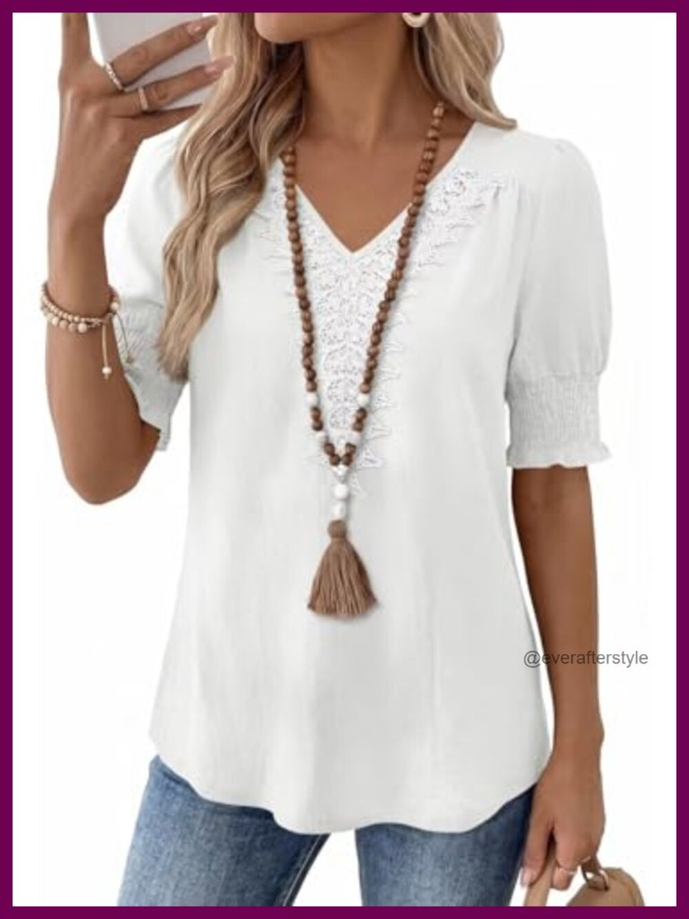 Womens Boho Lace V Neck Puff Sleeve Tunic Top